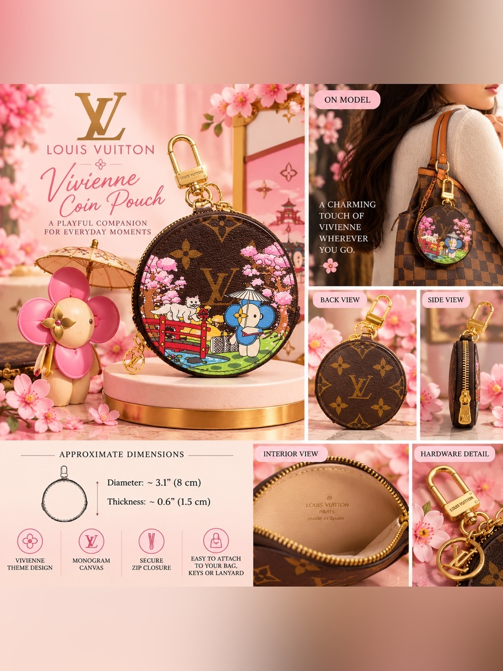Brown Cherry Blossom Accessory Pouch